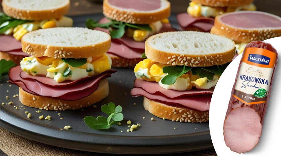 Mini-Sandwiches mit Krakauer Trockenwurst und Meerrettich-Ei